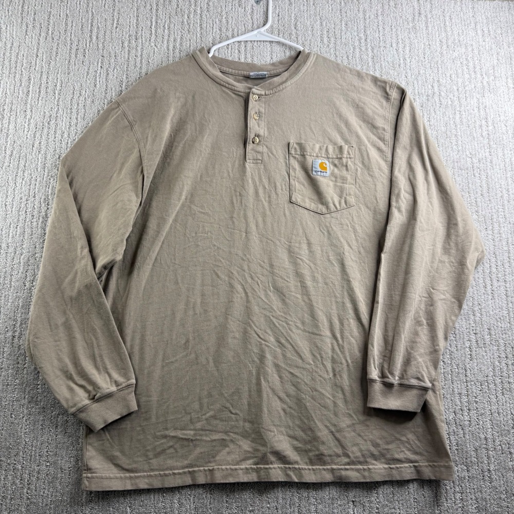 Carhartt Long Sleeve Henley Pocket T-Shirt Mens Size L Tan Brown Cotton Workwear